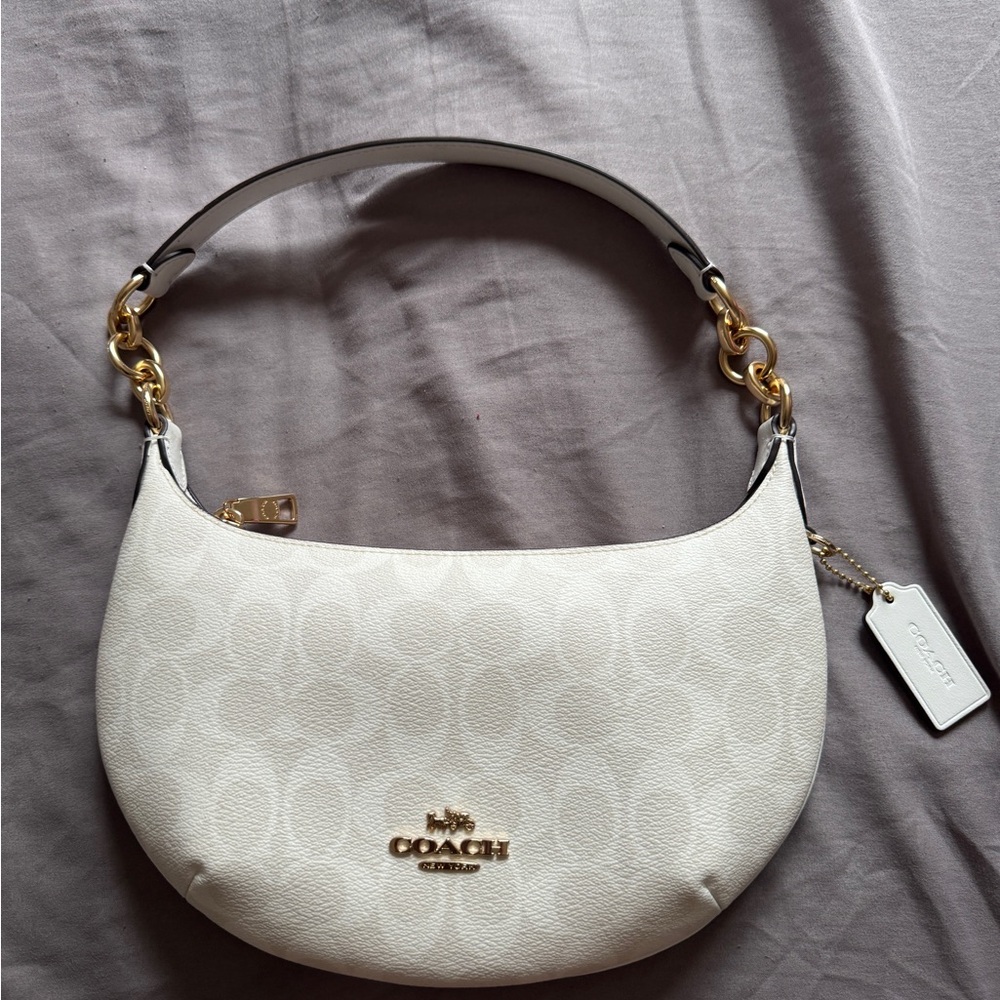 Coach White Signature Shoulder Bag with Gold Accents
